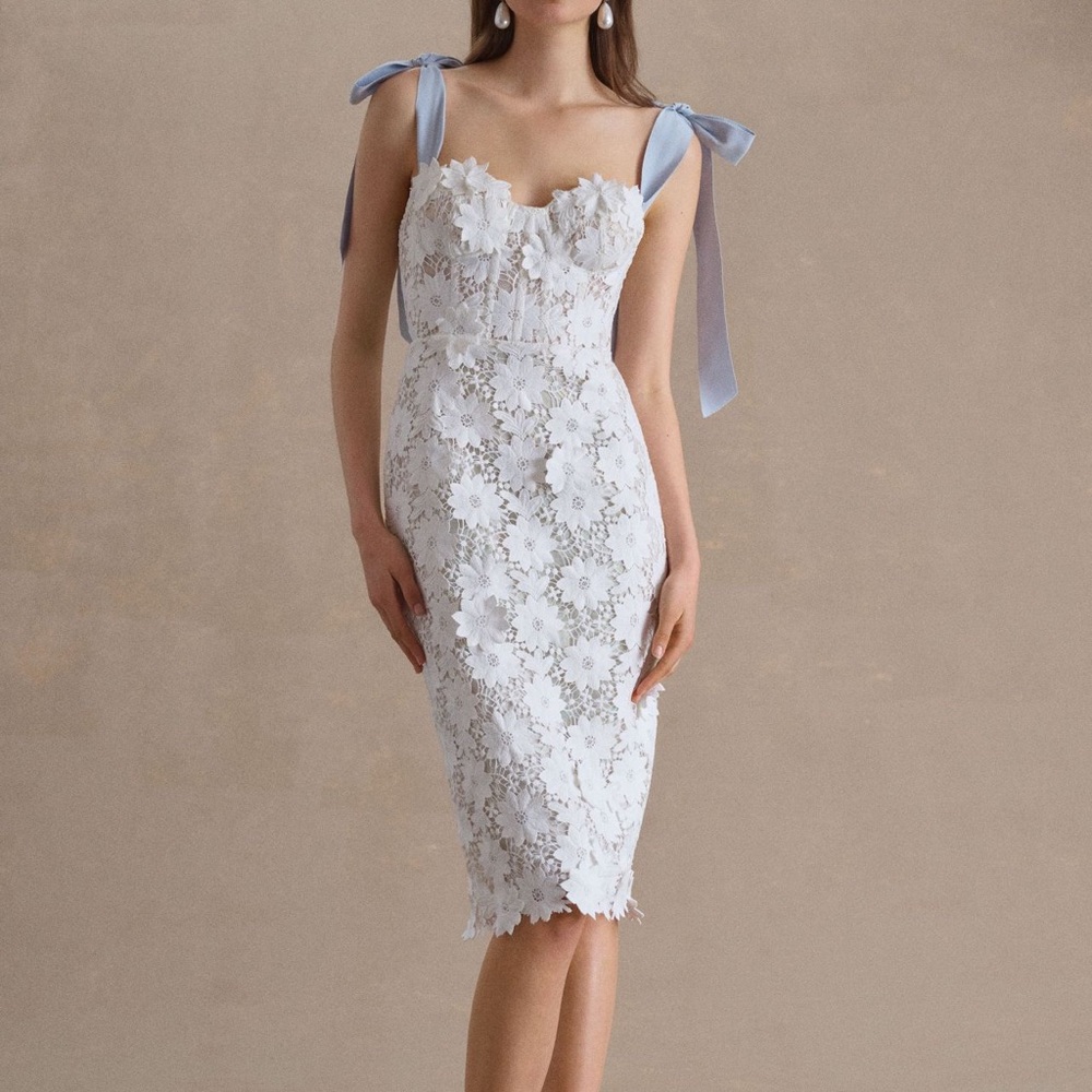 Watters Ambrosia Bow-Strap Lace Midi Dress